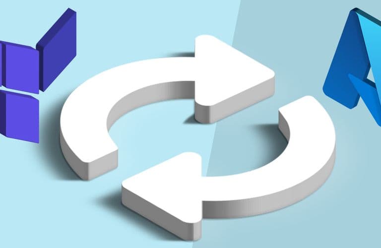 Terraform- und Azure-Logos, verbunden durch zwei weiße, geschwungene Pfeile auf einem geteilten hellblauen Hintergrund.