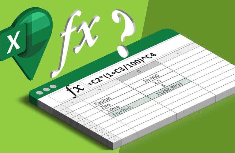 Illustration einer Excel-Tabelle mit einer Formelleiste, die „=C2*(1+C3/100)^C4“ und ein Fragezeichen zeigt, das Excel-Berechnungen symbolisiert.