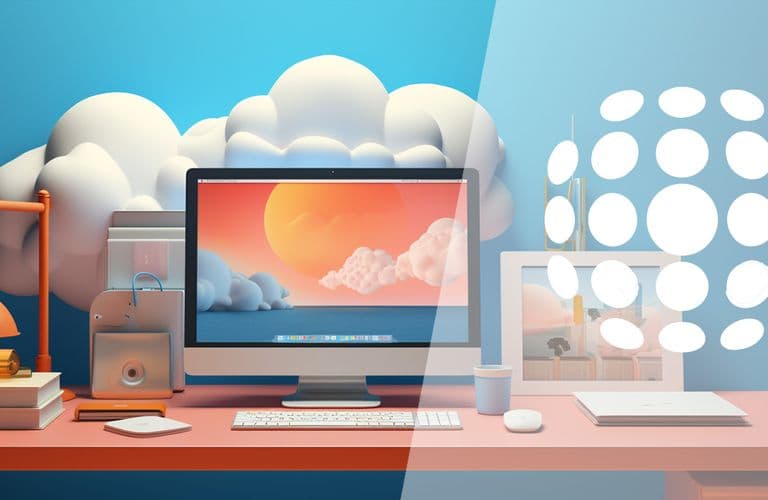 Ein Schreibtisch mit einem Computer, auf dessen Bildschirm ein Cloud-Motiv zu sehen ist, umgeben von Büchern, einer Lampe und digitalen Cloud- und Netzwerkgrafiken.