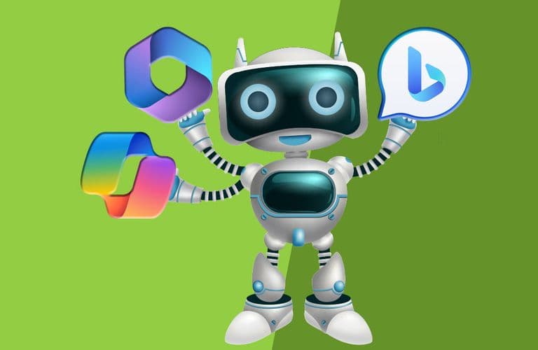 Ein lächelnder Roboter, der die Logos von Microsoft 365 und Bing hält, vor einem grünen Hintergrund.