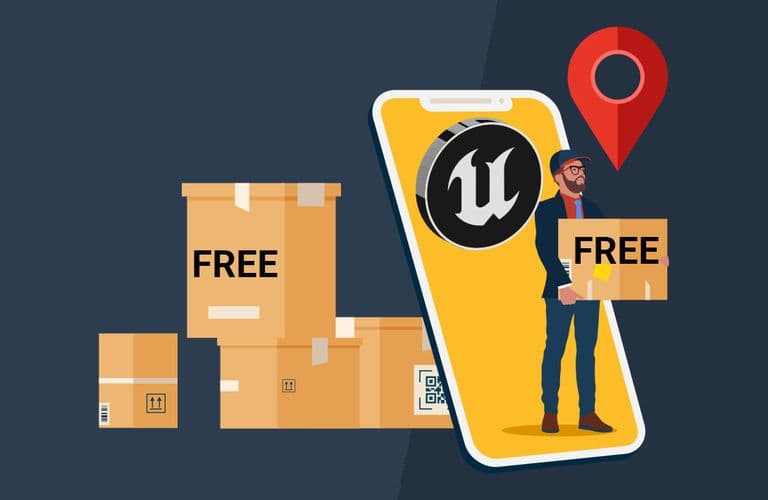 Illustration einer Person, die eine „FREE“-Box hält und neben einem Smartphone steht, auf dem ein Logo zu sehen ist, zusammen mit weiteren Boxen und einer Standortmarkierung.