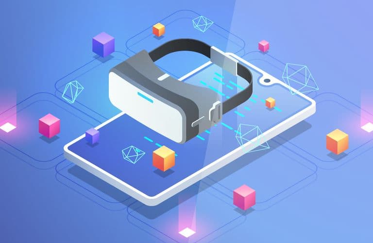 VR-Headset auf einem Smartphone, umgeben von schwebenden Würfeln und digitalen Elementen auf blauem Hintergrund, die die Technologie der virtuellen Realität symbolisieren.