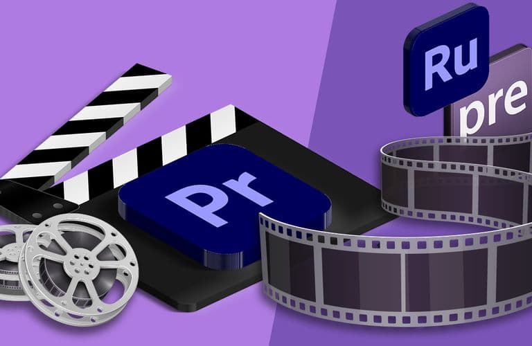 Illustration von Filmbearbeitungswerkzeugen: Klappe, Filmrollen und Adobe Premiere Pro- und Rush-Logos auf einem lila Hintergrund.