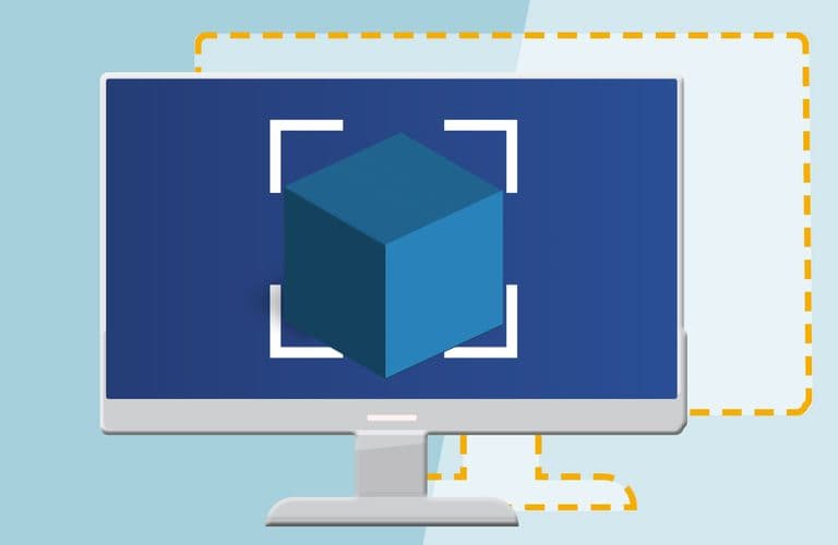 Ein Computermonitor zeigt einen blauen 3D-Würfel in der Mitte eines weißen Rahmens mit einem gepunkteten orangefarbenen Umriss im Hintergrund