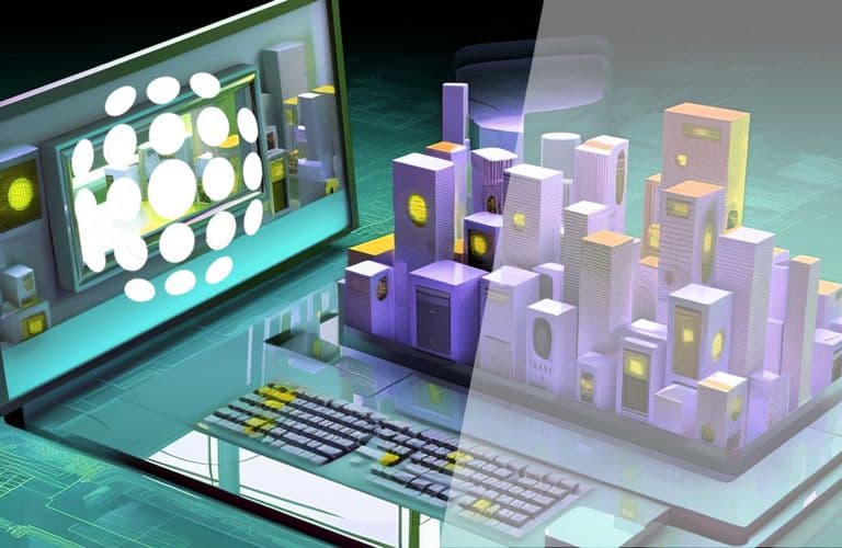 Eine digitale Illustration eines Laptops, auf dem eine Stadtlandschaft abgebildet ist, die virtuelle und reale Elemente vermischt und Technologie und Urbanisierung symbolisiert.
