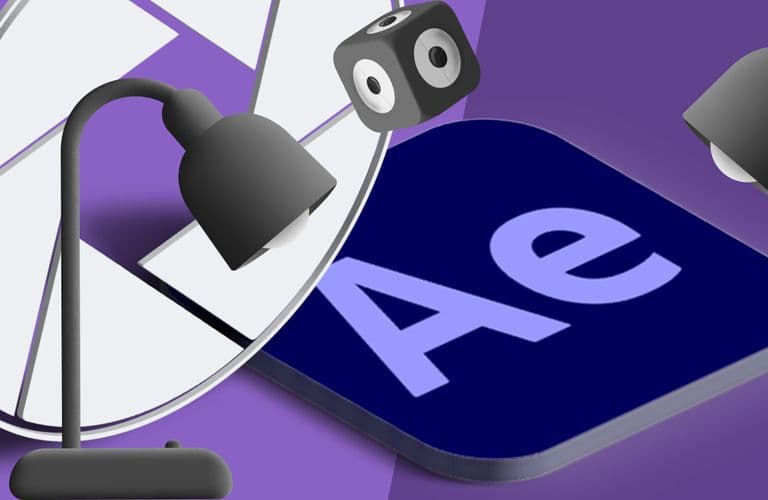 Illustration einer Filmrolle, Schreibtischlampen, eines Würfels und eines „Ae“-Symbols auf violettem Hintergrund, das Videobearbeitung und Animation symbolisiert.