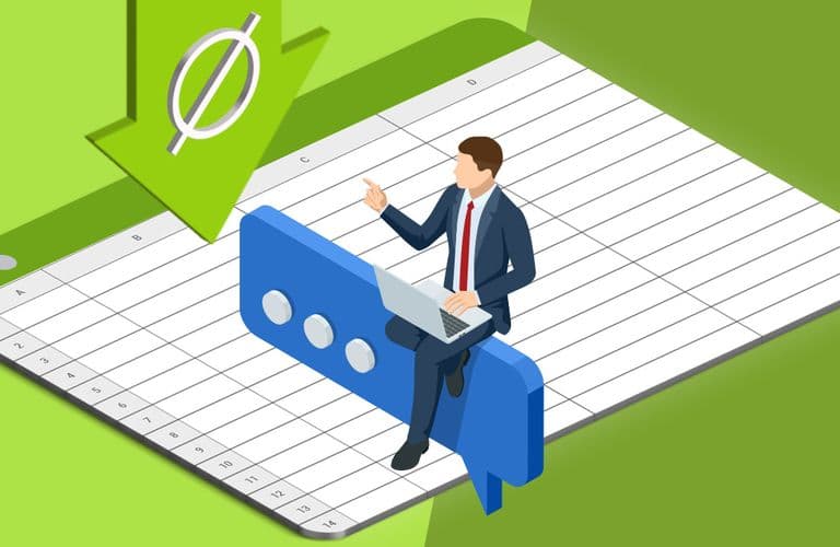 Illustration einer Person in einem Anzug mit einem Laptop, die auf einer Sprechblase über einer Tabellenkalkulation sitzt, mit einem großen Download-Pfeil darüber.