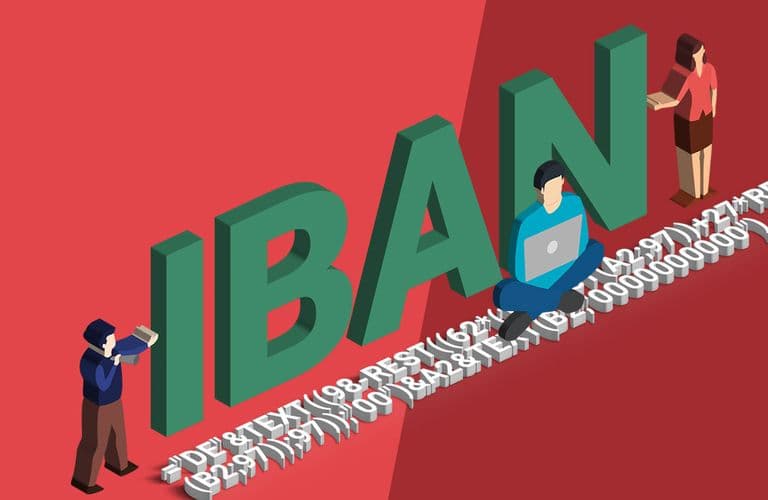 Illustration von drei Personen, die mit großen 3D-Buchstaben „IBAN” und einer Zahlenfolge interagieren, vor einem roten Hintergrund.