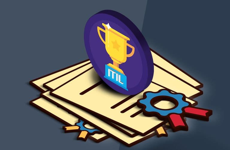 Illustration eines Trophäenemblems mit der Aufschrift „ITIL“ auf einem Stapel von Dokumenten, daneben blaue und rote Auszeichnungsbänder.