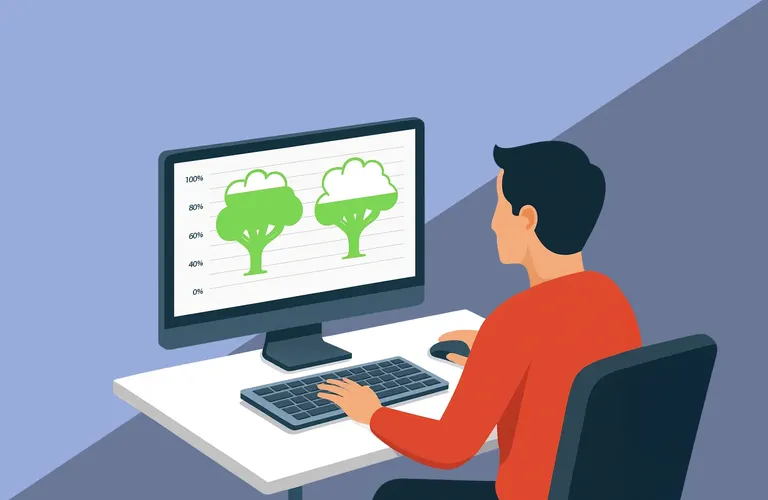 Illustration einer Person in einem roten Hemd, die einen Computer benutzt und auf dem Monitor eine Grafik mit zwei grünen, wolkenartigen Formen betrachtet.