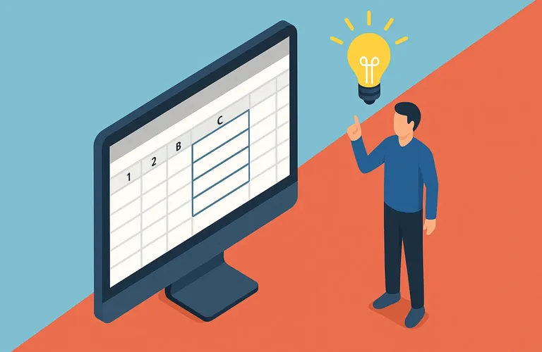 Illustration einer Person, die auf einen Computerbildschirm zeigt, auf dem eine Tabellenkalkulation angezeigt wird, mit einer leuchtenden Glühbirne über ihrem Finger.