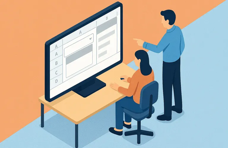 Illustration von zwei Personen an einem Schreibtisch, eine sitzend und eine stehend, die mit einem großen Computerbildschirm interagieren, auf dem eine Tabellenkalkulation angezeigt wird.