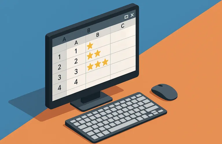 Abbildung eines Computermonitors, auf dem eine Tabellenkalkulation mit Sternen in den Zellen angezeigt wird, zusammen mit einer Tastatur und einer Maus auf einer zweifarbigen Oberfläche.