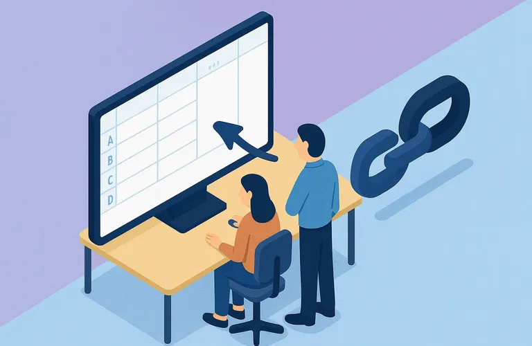Illustration von zwei Personen an einem Schreibtisch, die einen großen Computerbildschirm mit einer Tabellenkalkulation betrachten. Im Hintergrund ist ein 3D-Symbol in Form einer Kette zu sehen.