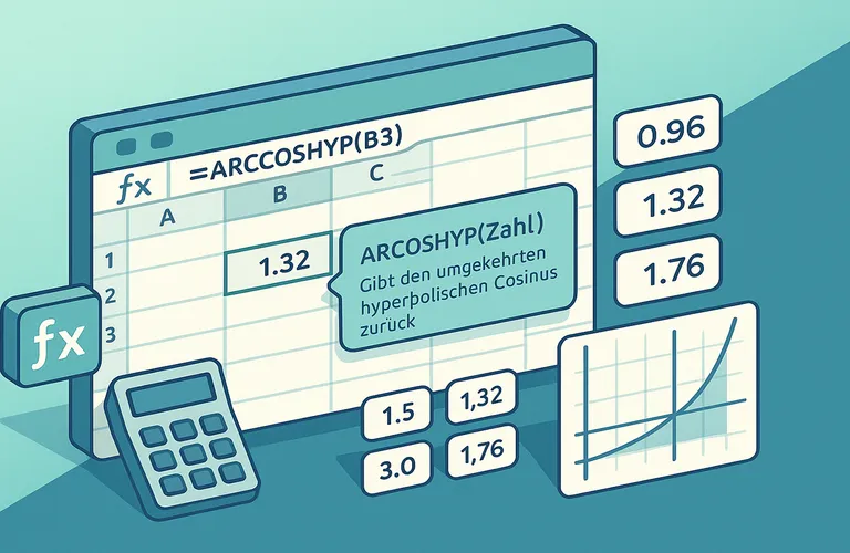 Tabellenkalkulation mit ARCCOSHYP-Funktion, Taschenrechner, Diagramm und Zahlen