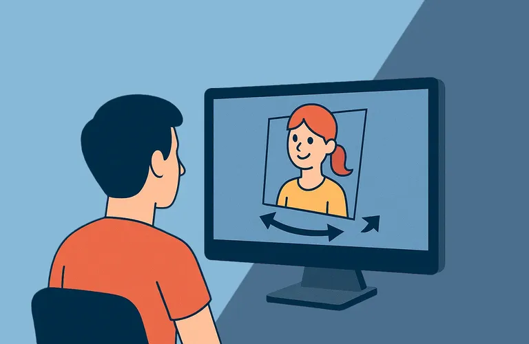 Illustration einer Person in einem orangefarbenen Hemd, die per Video-Chat mit einer anderen Person auf einem Computerbildschirm spricht, die rote Haare und ein gelbes Hemd trägt.