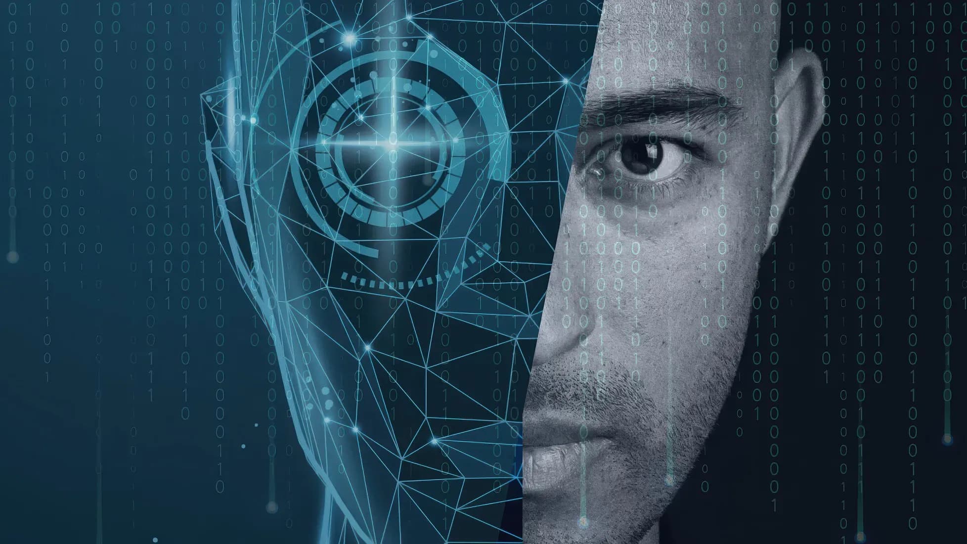 Halb menschliches, halb digitales Gesicht mit Schaltkreismustern und Binärcode, das die Verschmelzung von Technologie und Menschlichkeit symbolisiert.