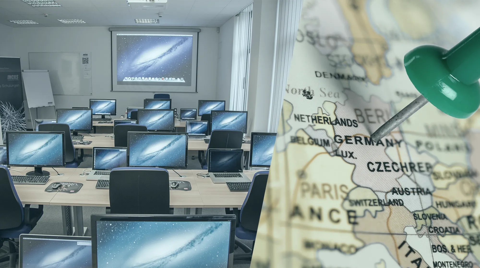 Ein Schulungsraum von INCAS Training mit mehreren Monitoren zeigt ein Bild der Galaxie. Eine Karte mit einer grünen Stecknadel markiert einen Ort in Deutschland..