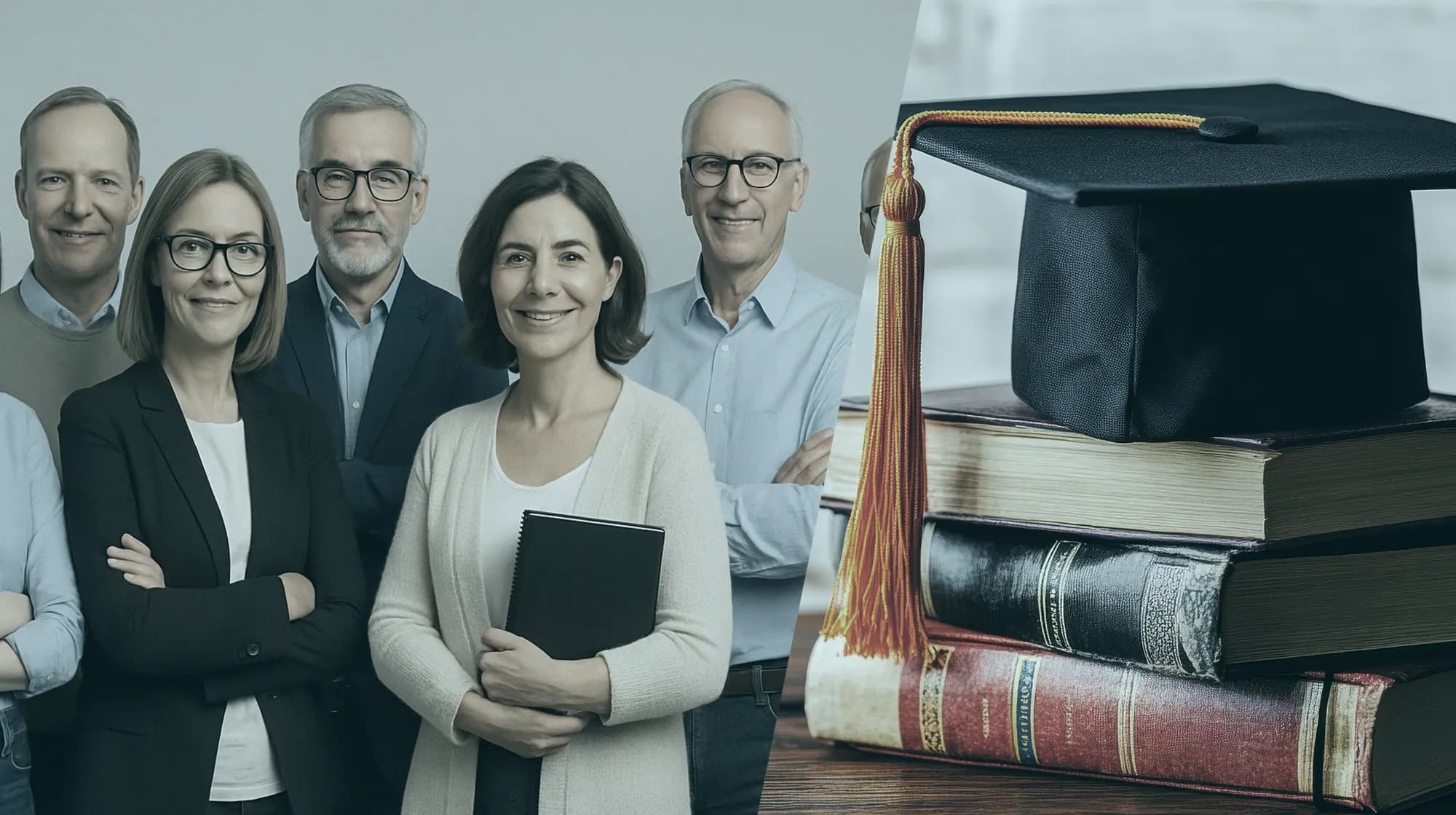 Eine Gruppe von sechs lächelnden IT-Trainern in Geschäftskleidung steht neben einem Stapel von Büchern, auf dem eine Schulabschlussmütze liegt.