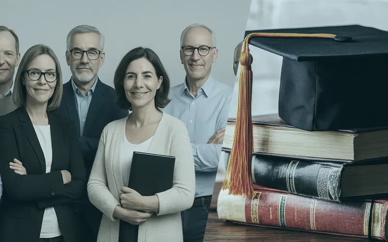 Eine Gruppe von sechs lächelnden IT-Trainern in Geschäftskleidung steht neben einem Stapel von Büchern, auf dem eine Schulabschlussmütze liegt.