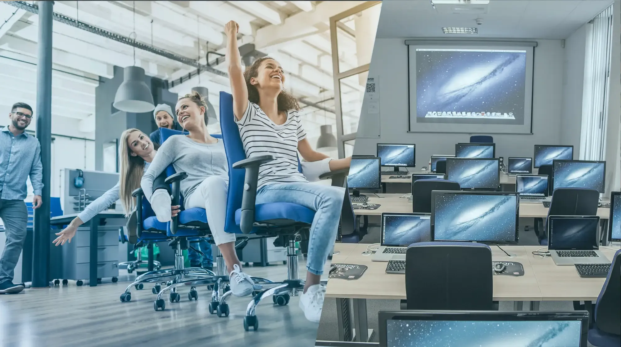 Zwei Szenen: Menschen, die sich fröhlich auf Bürostühlen wälzen; ein Computer Schulungsraum mit mehreren Monitoren.