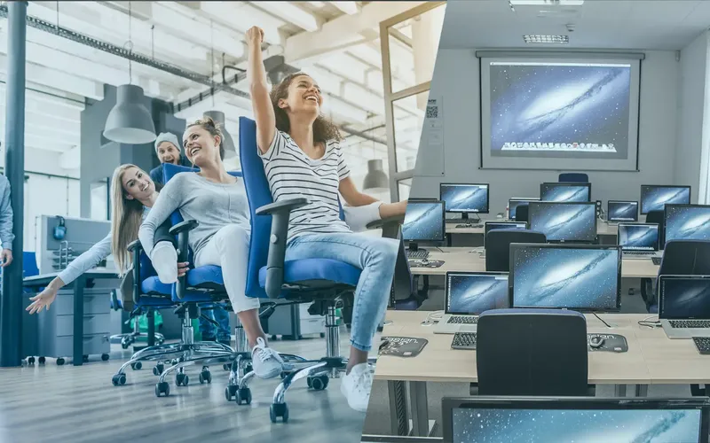Zwei Szenen: Menschen, die sich fröhlich auf Bürostühlen wälzen; ein Computer Schulungsraum mit mehreren Monitoren.