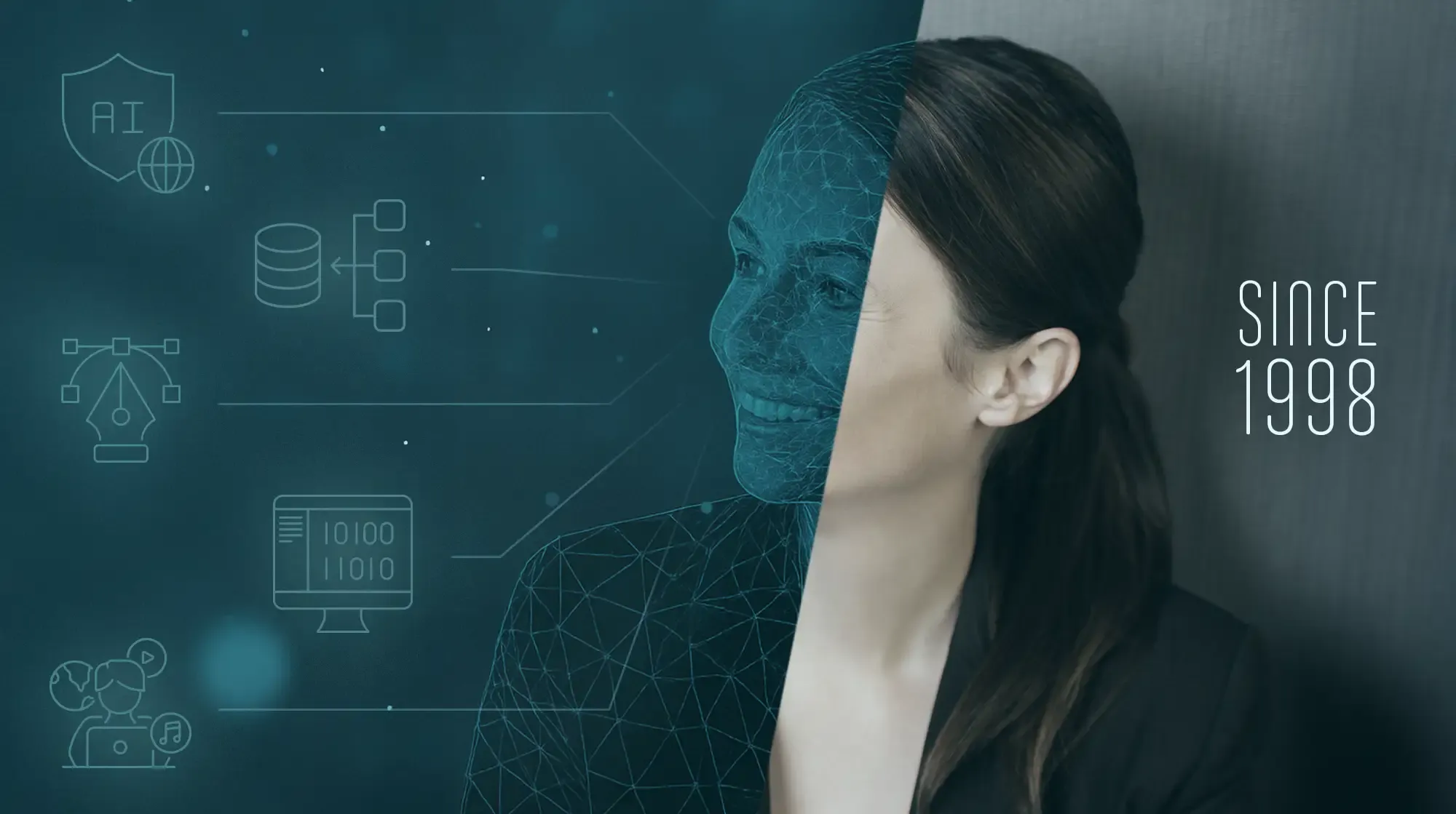 Halb menschliche, halb digitale Frau mit Technologiesymbolen und dem Text "Since 1998" auf blauem Hintergrund, der KI und Innovation symbolisiert.