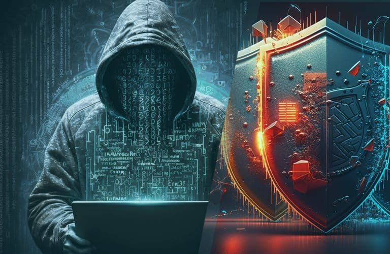 Eine vermummte Gestalt mit einem Laptop steht vor digitalen Schilden, die Cybersicherheit und Hacking symbolisieren.