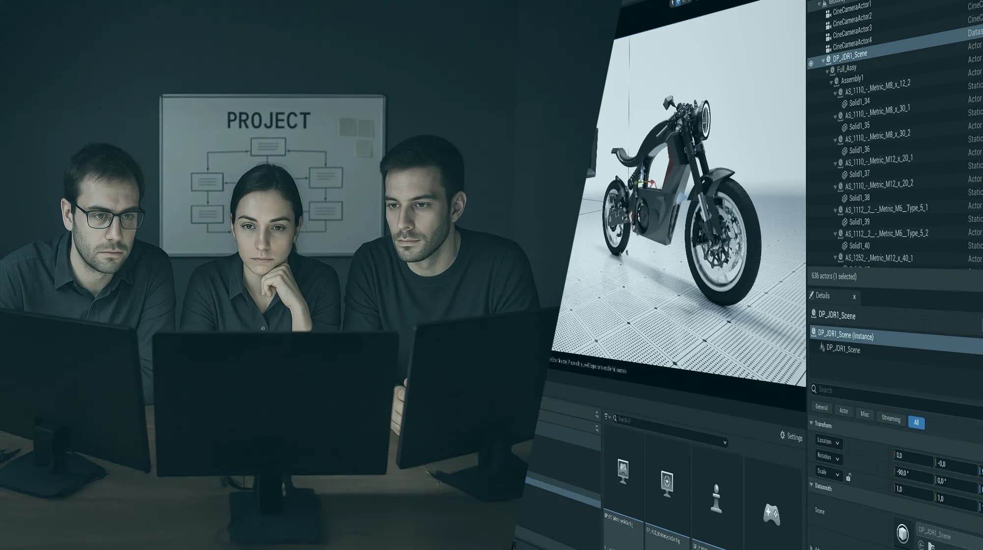 Drei Personen konzentrieren sich auf Computerbildschirme, auf denen Motorraddesignsoftware angezeigt wird, während im Hintergrund ein Projektablaufdiagramm zu sehen ist.