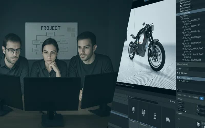 Drei Personen konzentrieren sich auf Computerbildschirme, auf denen Motorraddesignsoftware angezeigt wird, während im Hintergrund ein Projektablaufdiagramm zu sehen ist.