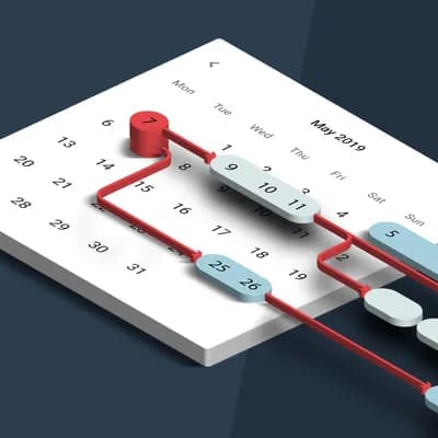 3D-Kalender für Mai 2019 mit einer roten und blauen Zeitleiste, die bestimmte Daten und Aufgaben auf einem dunklen Hintergrund hervorhebt.