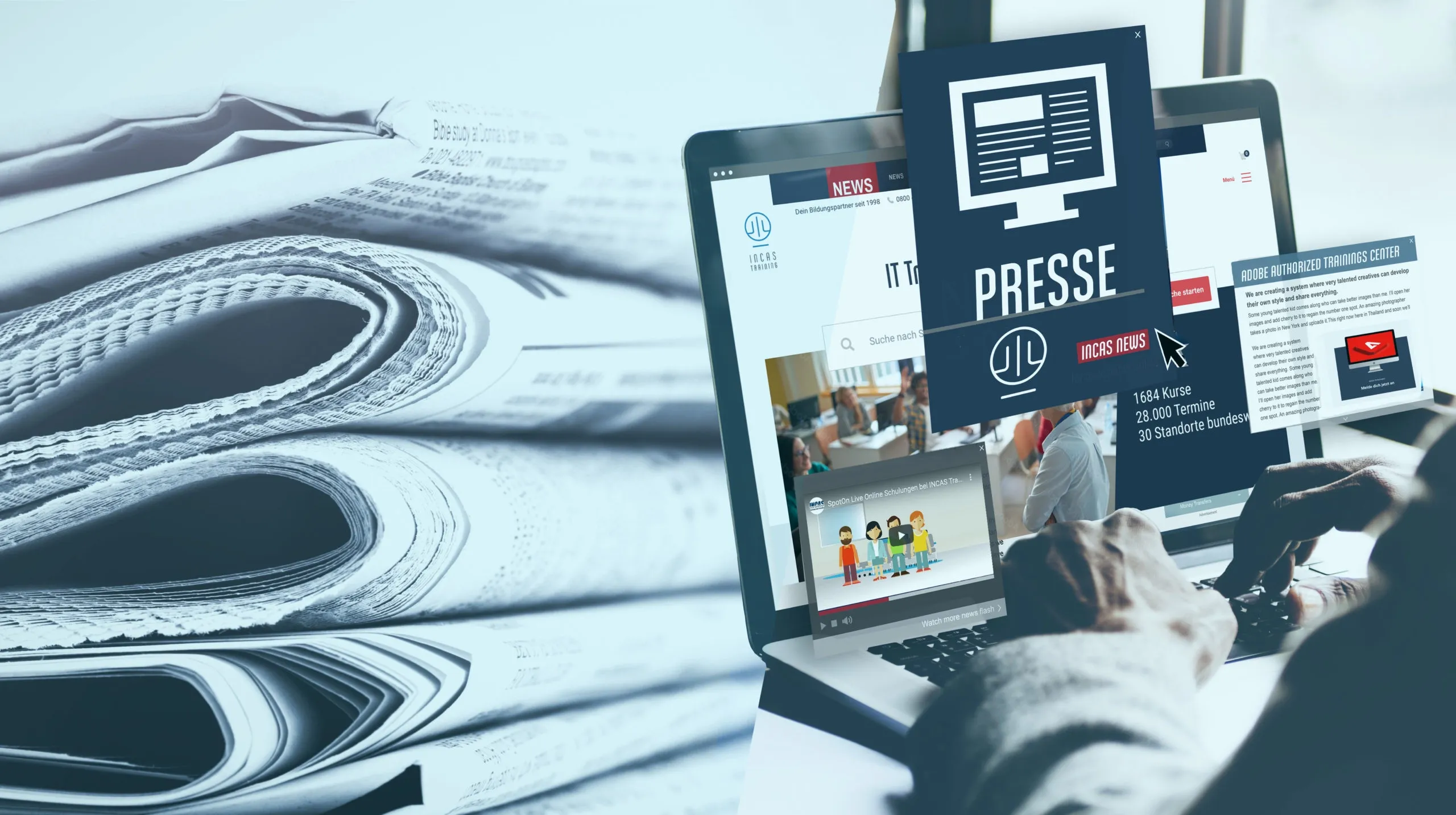 Laptop mit Nachrichten-Websites, umgeben von digitalen Nachrichtensymbolen und gestapelten Zeitungen, die den modernen Journalismus und die Medien symbolisieren.