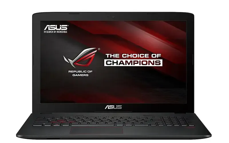 ASUS-Gaming-Laptop mit "Republic of Gamers"-Logo und "The Choice of Champions"-Text auf dem Bildschirm in schwarzem und rotem Design.