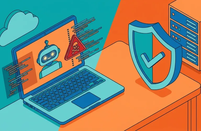 Ein Laptop-Bildschirm mit einem stilisierten Roboter-Icon, das Code-Zeilen und ein Warnsymbol für Cyberangriffe im Hintergrund zeigt. Daneben ein Schutzschild-Symbol als Gegenpol zur Bedrohung.