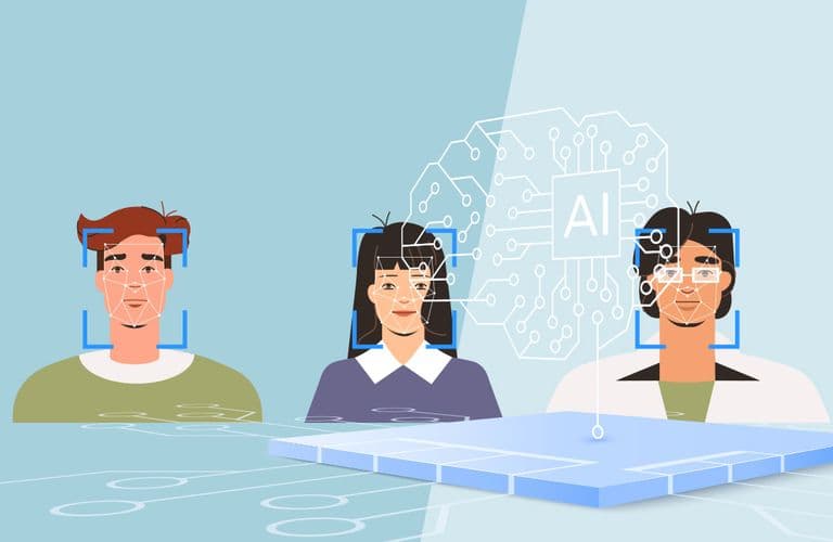 Azure AI Gesichtserkennung Illustration verschiedener Menschen mit Gesichtserkennungsrahmen, KI-Schaltkreise in der Mitte, die die Technologie der künstlichen Intelligenz symbolisieren.