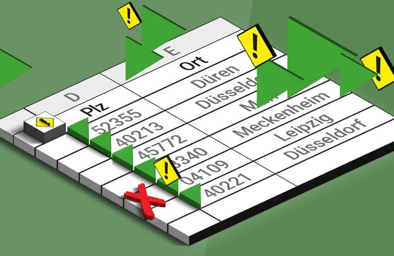 Excel Text in Zahl umwandeln Tabellenkalkulation mit Fehlersymbolen in Zellen, die Postleitzahlen und Städtenamen enthalten, darunter Düsseldorf und Leipzig, auf grünem Hintergrund.