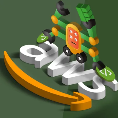 Code-Bereitstellung in AWS automatisieren - 2 Ein Roboter, der die Buchstaben „AWS” mit einem orangefarbenen Swoosh darunter auf grünem Hintergrund zusammenbaut. In der Ecke steht der Text „TEIL 2”.