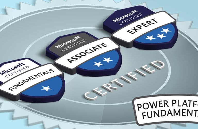 Microsoft Certified: Power Platform Fundamentals Abzeichen für Microsoft Certified Fundamentals, Associate und Expert auf einem silbernen Siegel, mit hervorgehobener Aufschrift „Power Platform Fundamentals“.