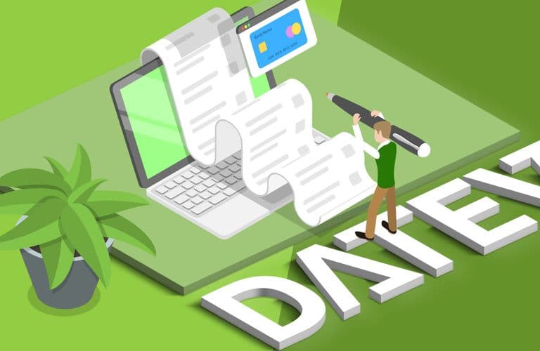 DATEV Kanzlei Rechnungswesen kurz erklärt Illustration einer Person, die einen Stift in der Hand hält, neben einem Laptop mit langen Belegen, einer Pflanze und dem Wort „DATEV” in großen Buchstaben auf grünem Hintergrund.