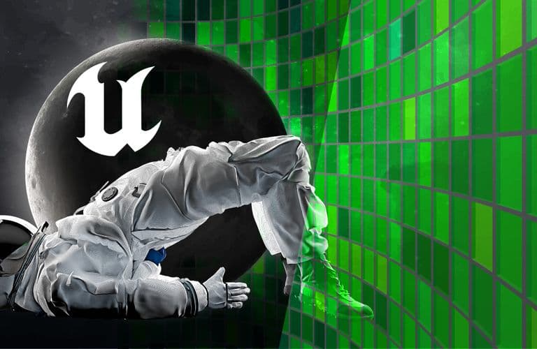 Virtual Production mit einer LED Wall Astronaut, der im Weltraum schwebt, mit einer großen schwarzen Kugel, auf der ein „U“-Logo zu sehen ist, vor einem grünen digitalen Gitterhintergrund.