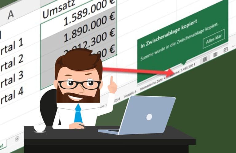 Excel Status Zwischenablage Ein Cartoon-Mann mit Bart sitzt an einem Schreibtisch und zeigt auf eine Tabelle auf einem Bildschirm, die die vierteljährlichen Verkaufszahlen in Euro anzeigt.