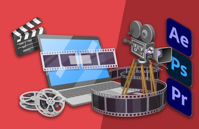 Photoshop, Premiere und After Effects im Vergleich Illustration von Filmschnittwerkzeugen: Laptop, Filmrollen, Vintage-Kamera, Filmklappe und Symbole für After Effects, Photoshop und Premiere Pro.