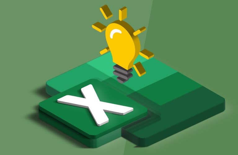 EXP Funktion - Excel Exponential Funktion Illustration einer Glühbirne über einem stilisierten grünen Excel-Symbol auf grünem Hintergrund, die Ideen oder Tipps zur Verwendung von Excel symbolisiert.