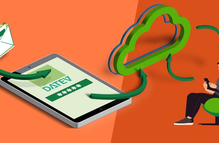 Datev Arbeitnehmer Online Illustration der digitalen Kommunikation: Tablet mit „DATEV“-Logo, Wolke, Briefumschlagsymbole und eine Person, die ein Smartphone benutzt, auf orangem Hintergrund.