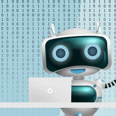 Microsoft Copilot Blog Ein freundlicher Roboter mit einem großen Bildschirm als Gesicht winkt, während er an einem Schreibtisch mit einem Laptop sitzt. Der Hintergrund ist mit Binärcode gefüllt.