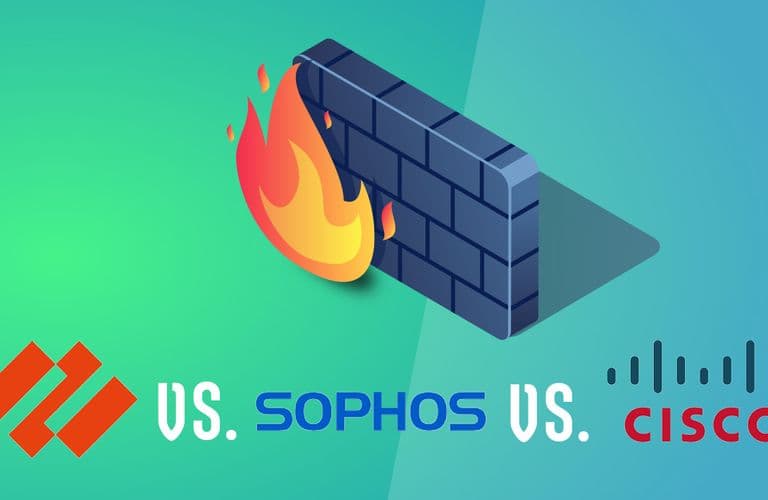 Der Firewall Vergleich Illustration einer Firewall mit Flammen und den Logos von Palo Alto Networks, Sophos und Cisco, die einen Vergleich im Bereich der Cybersicherheit nahelegen.