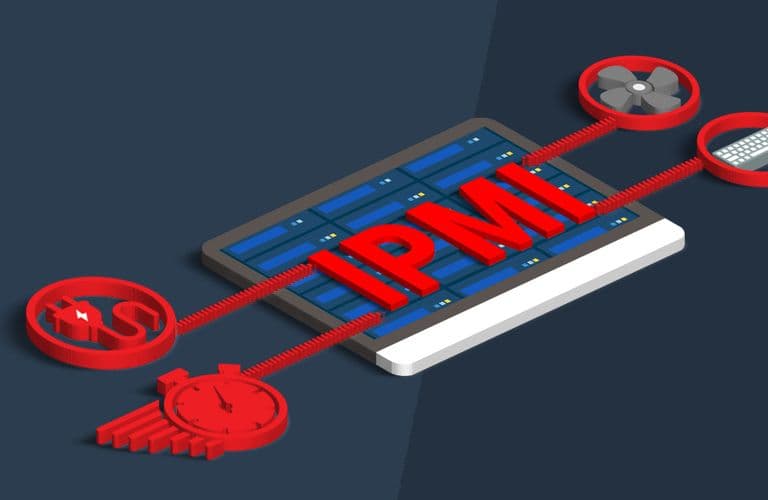 IPMI: Was ist das Intelligent Platform Management Interface (IPMI)? Isometrische Darstellung eines Tablets mit IPMI-Anzeige, verbunden mit Symbolen für einen Lüfter, eine Tastatur, einen Netzschalter und eine Stoppuhr, auf dunklem Hintergrund.