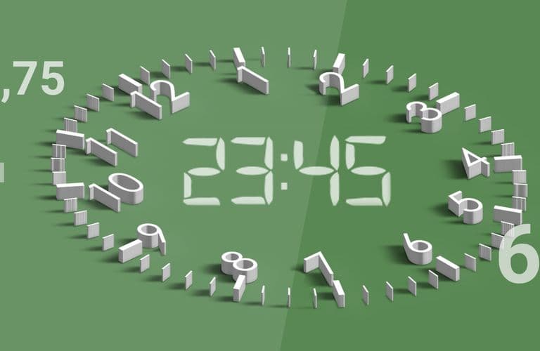 Umrechnung in Excel von Uhrzeiten in Dezimalzeiten Eine 3D-Uhr mit dominoartigen Zahlen, die kreisförmig auf einem grünen Hintergrund angeordnet sind und die digitale Uhrzeit 23:45 anzeigen.
