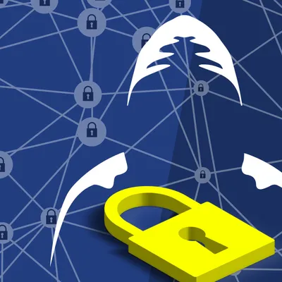 Tor oder VPN Service - was ist sinnvoller? Gelbes Vorhängeschloss mit abstrakten weißen Formen auf blauem Netzhintergrund mit Schloss-Symbolen.