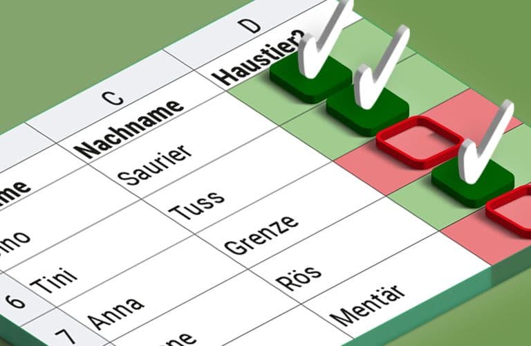 Excel Blog Kontrollkästchen Eine Tabelle mit den Spalten „Vorname“, „Nachname“ und „Haustier?“ mit Namen und Häkchen.